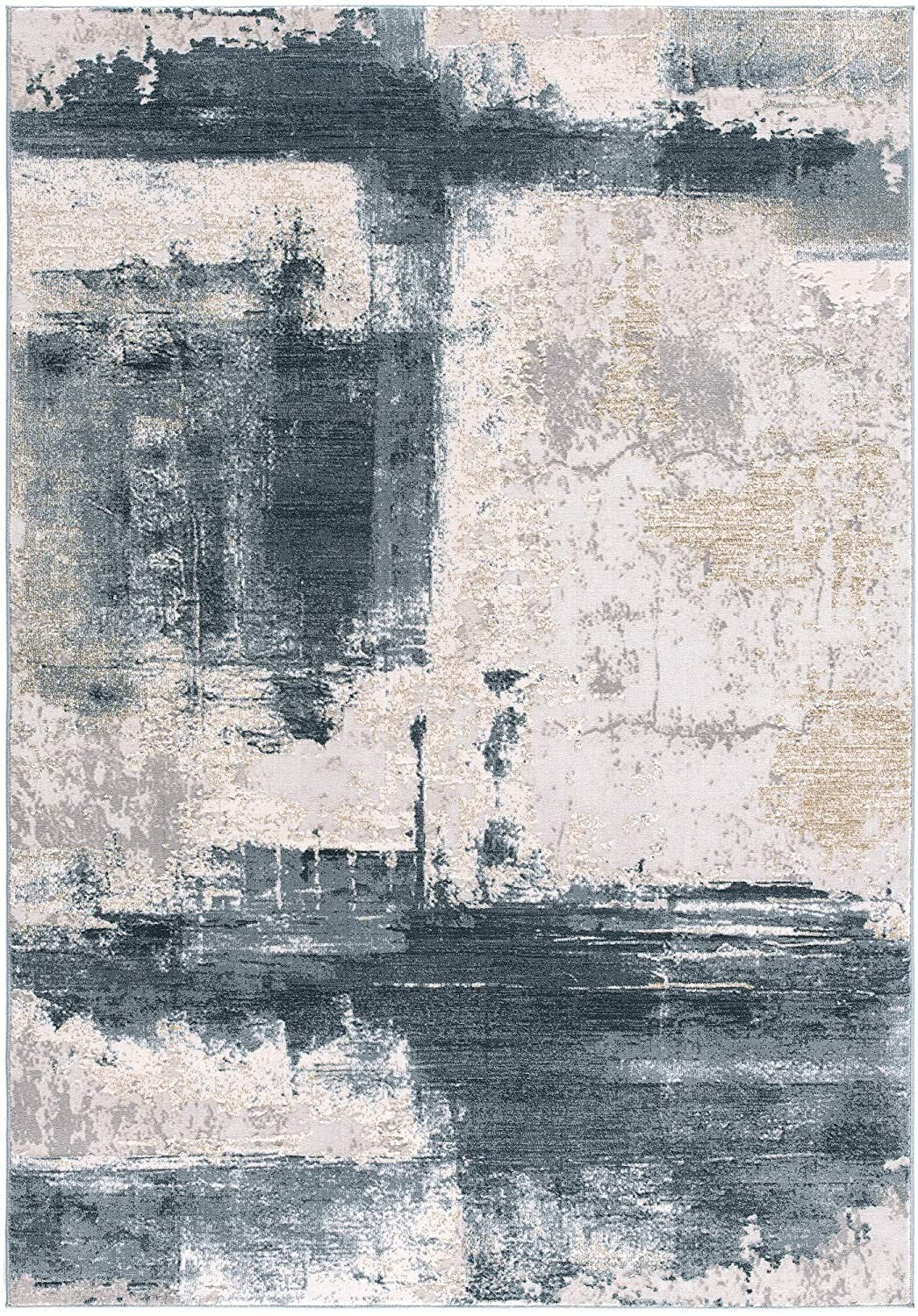 2' X 13' Cream And Blue Abstract Patches Runner Rug