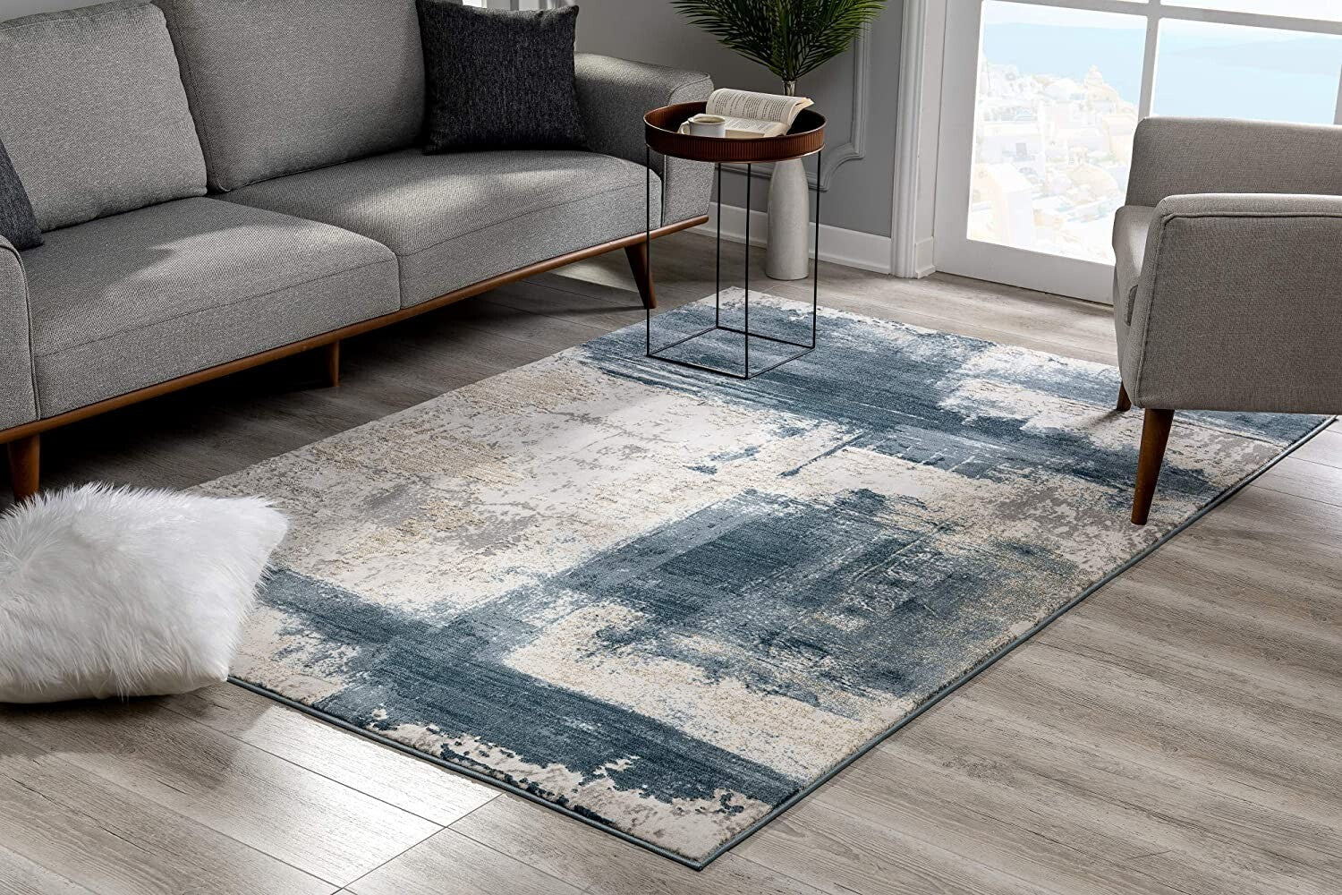 2' X 13' Cream And Blue Abstract Patches Runner Rug