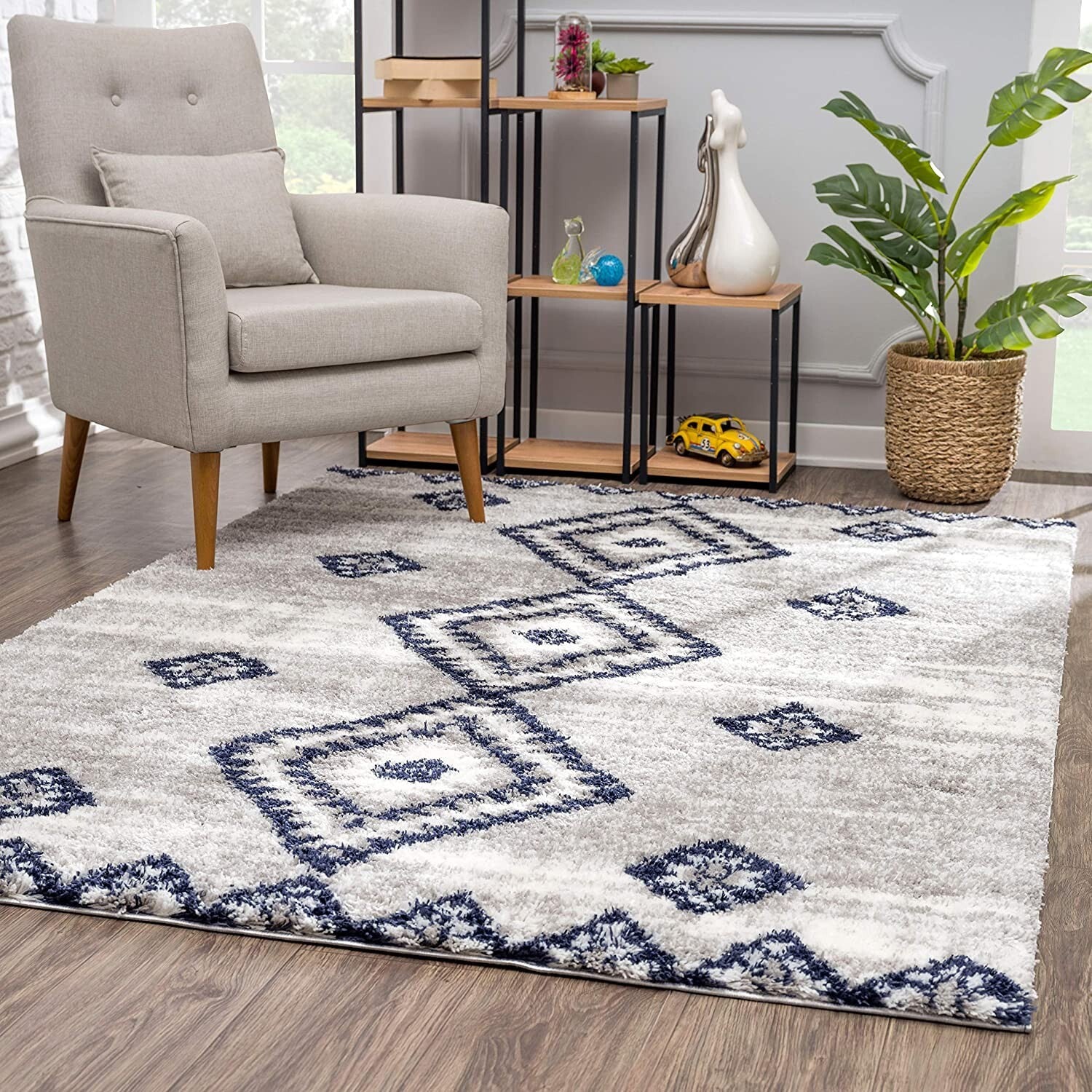 7' X 9' Gray And Navy Boho Chic Area Rug