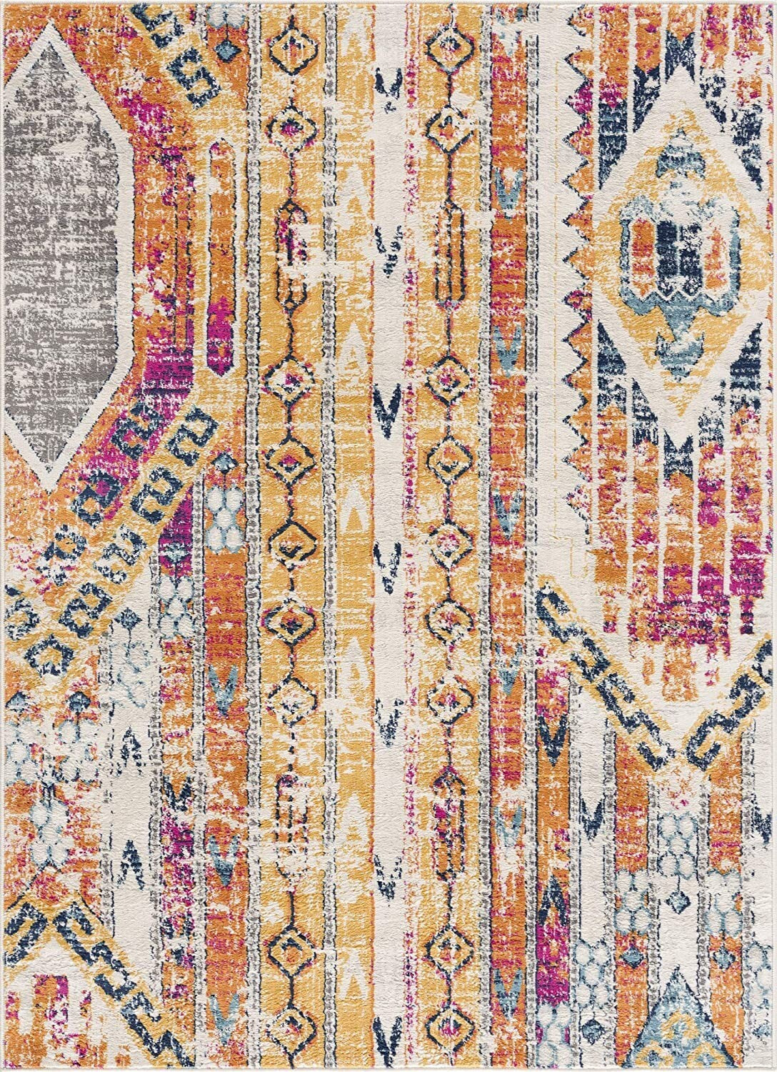2' X 10' Gold And Ivory Distressed Tribal Runner Rug