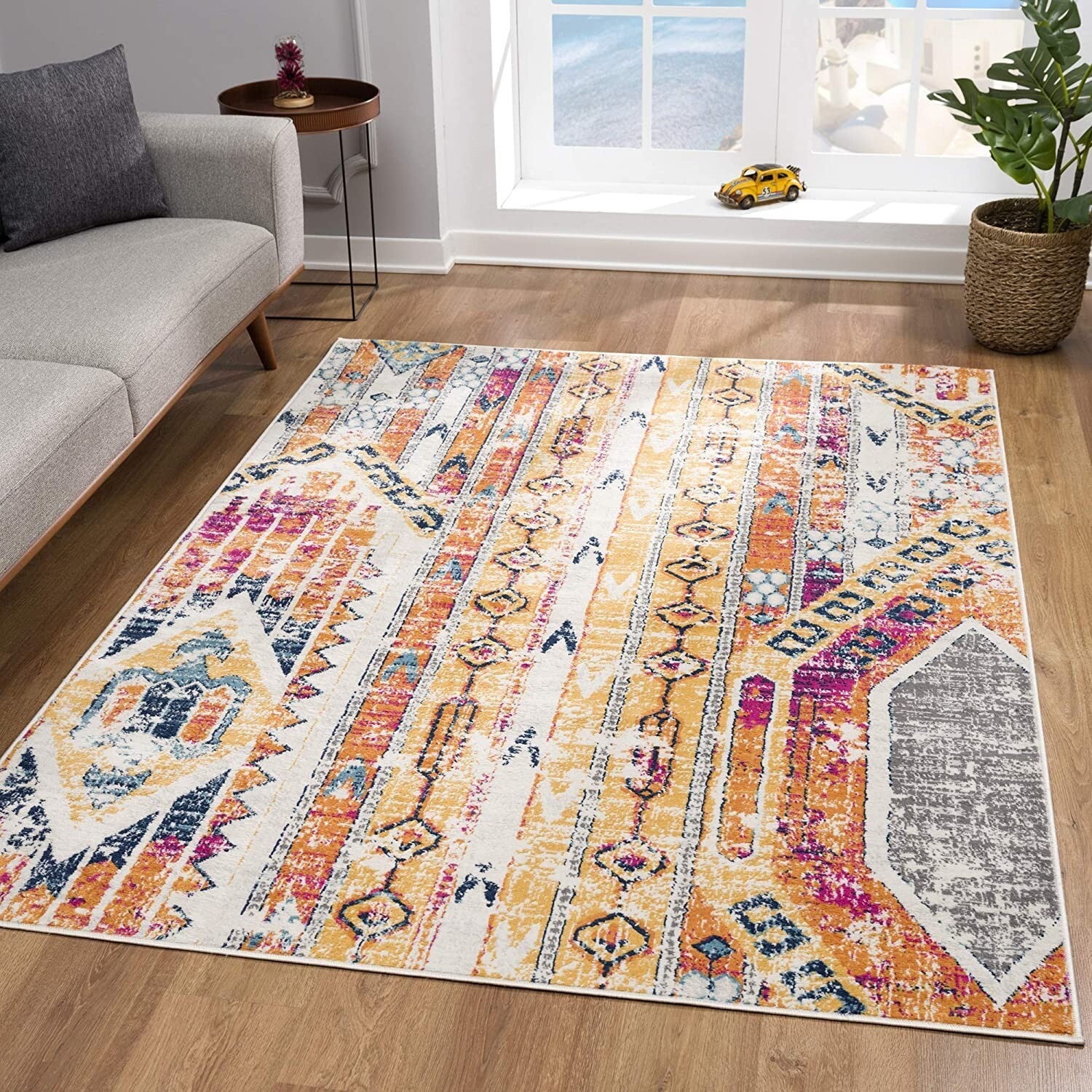 2' X 10' Gold And Ivory Distressed Tribal Runner Rug