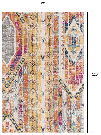 2' X 10' Gold And Ivory Distressed Tribal Runner Rug