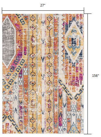 2' X 13' Gold And Ivory Distressed Tribal Runner Rug