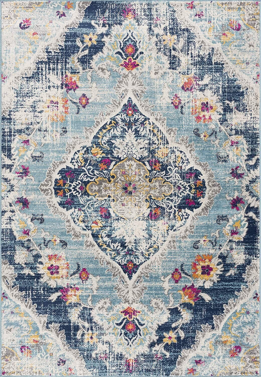 7' X 10' Blue Distressed Medallion Area Rug