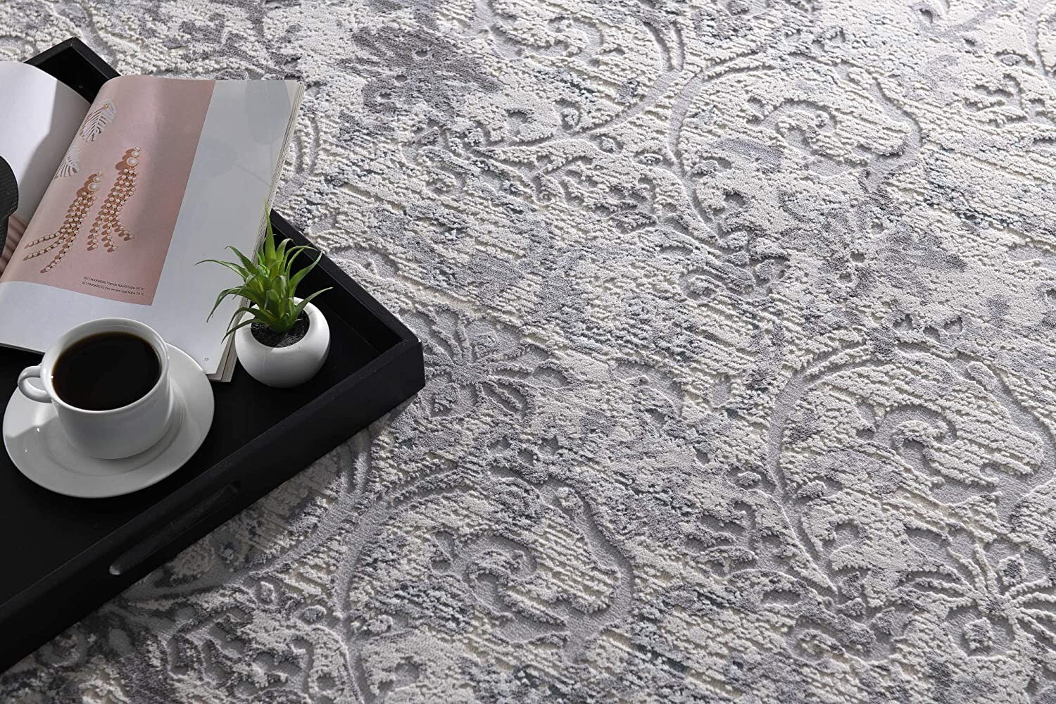 8' X 11' Cream And Gray Faded Filigree Area Rug