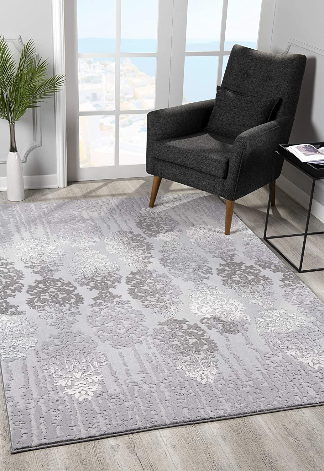 7' X 10' Gray Dripping Damask Area Rug