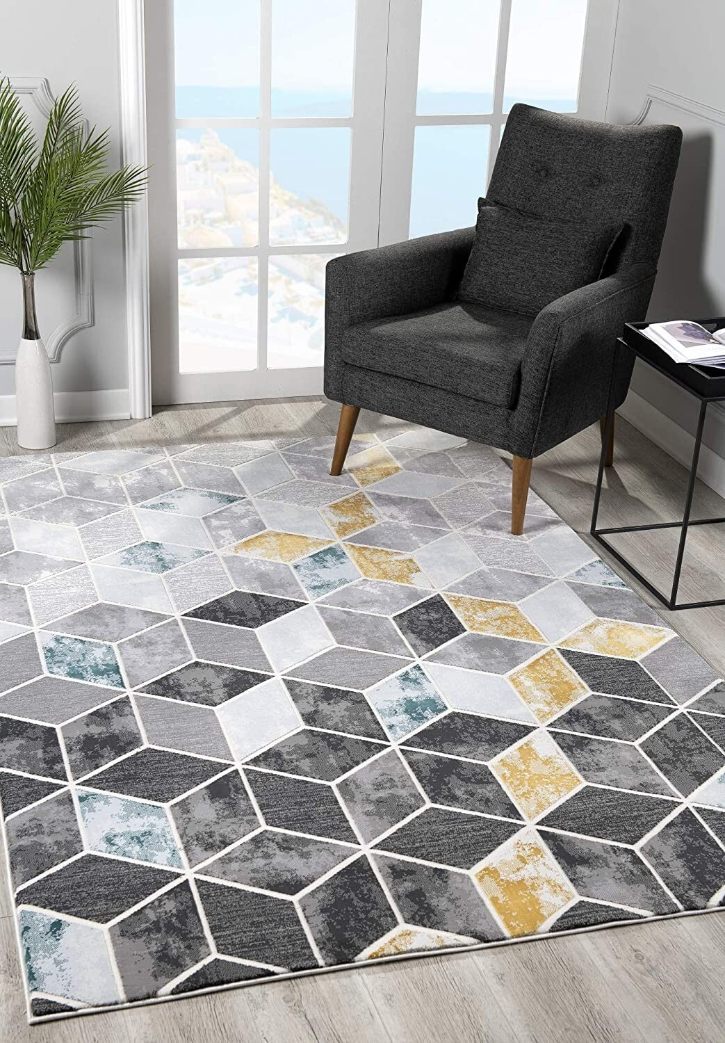 5' X 8' Gray And Gold Cubic Block Area Rug