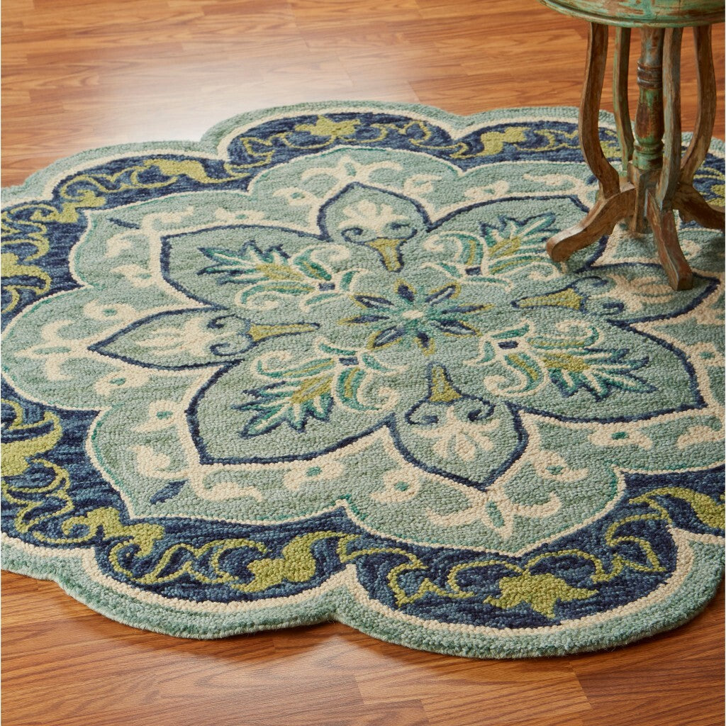 6' Round Blue Ornate Medallion Area Rug