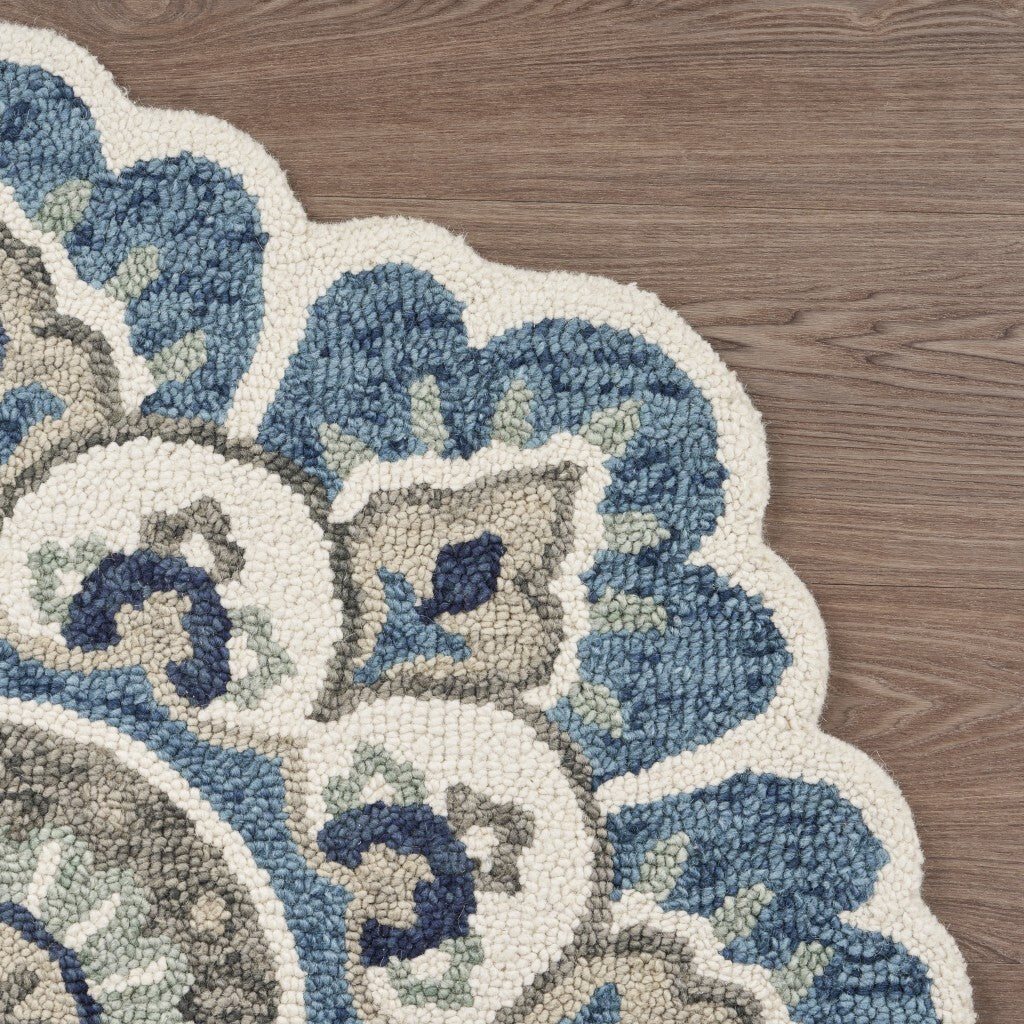 4' Round Blue Modern Floral Area Rug