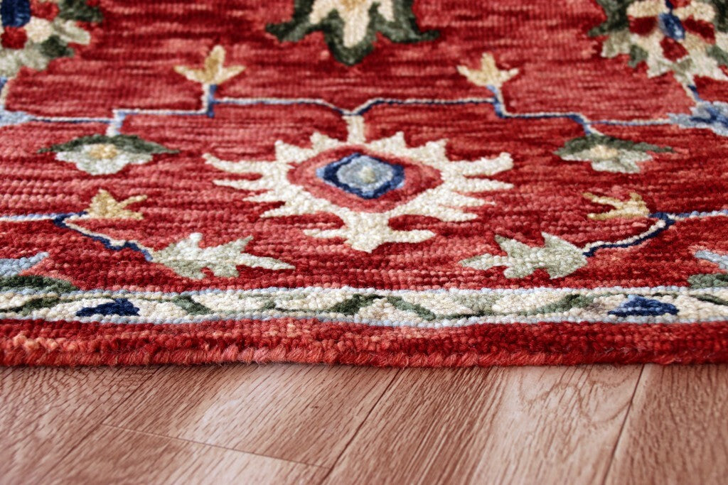 5' X 7' Red And Blue Floral Medallion Area Rug