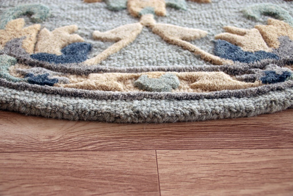 3' Round Blue And Beige Floral Area Rug