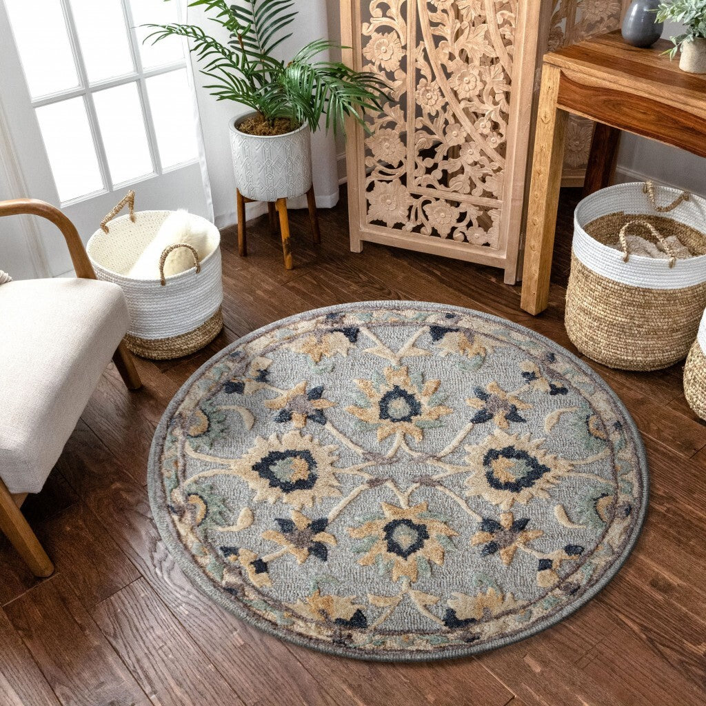 3' Round Blue And Beige Floral Area Rug