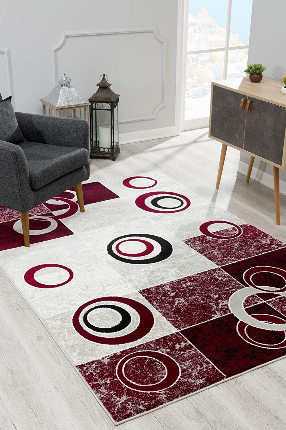 2' X 4' Red And White Inverse Circles Area Rug