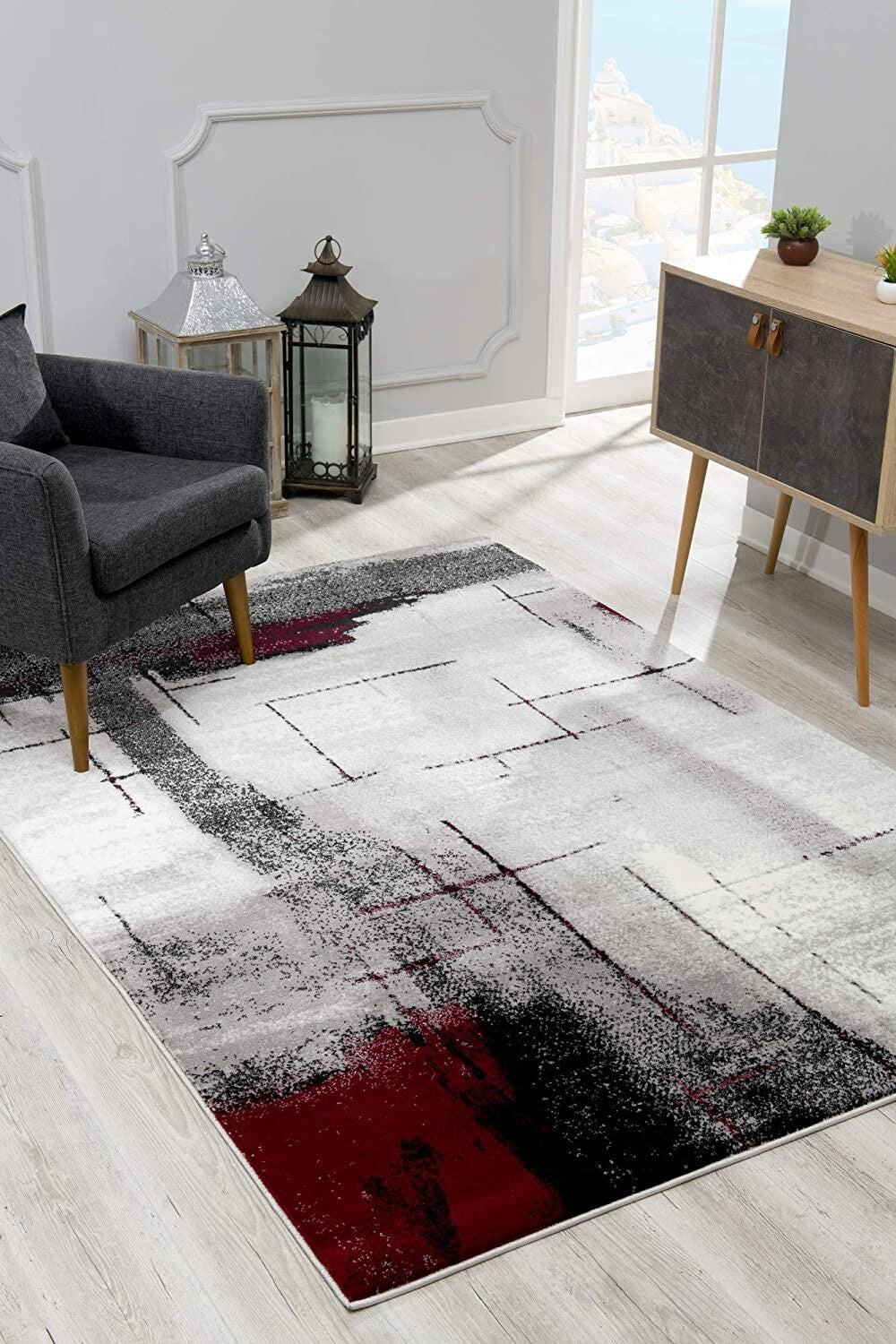 2' X 10' Gray And Burgundy Abstract Runner Rug