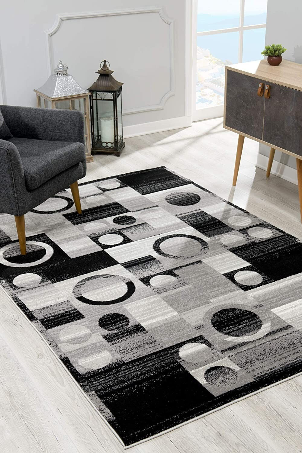 2' X 10' Gray Blocks And Rings Runner Rug
