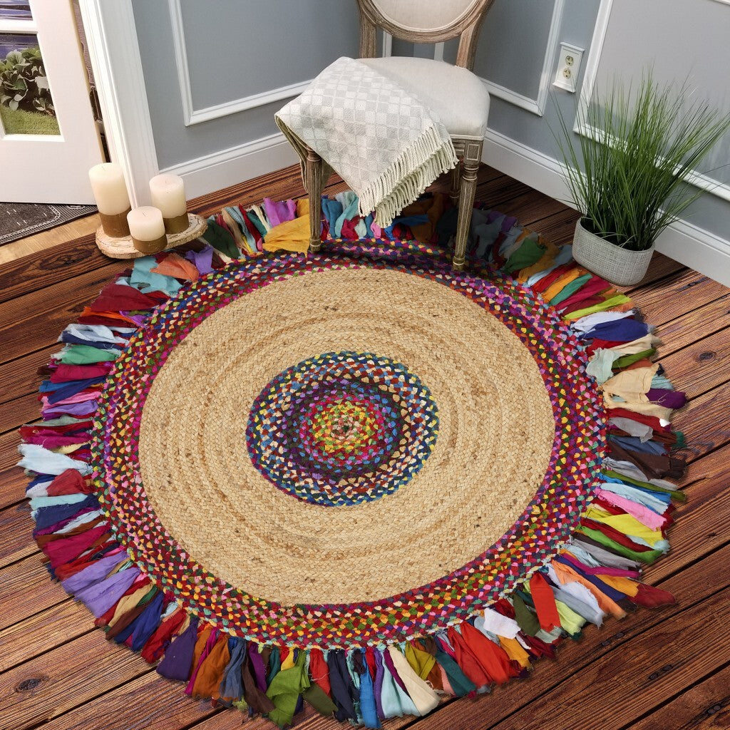 Natural Jute Multicolored Medallion Area Rug?With Fringe