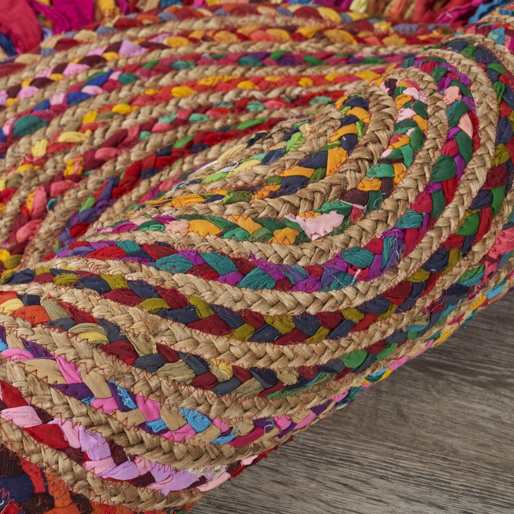 Multicolored Chindi And Natural Jute Fringed Round Rug