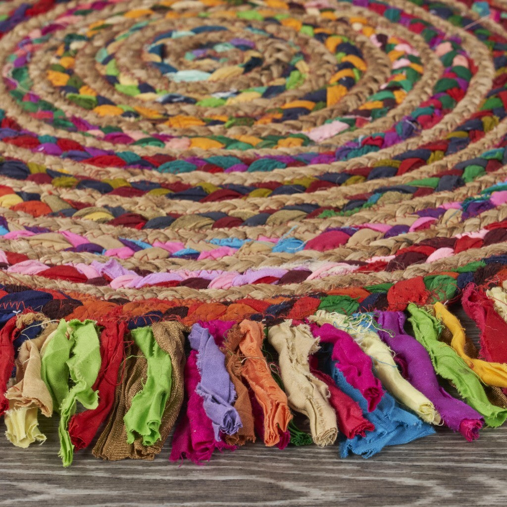 Multicolored Chindi And Natural Jute Fringed Round Rug