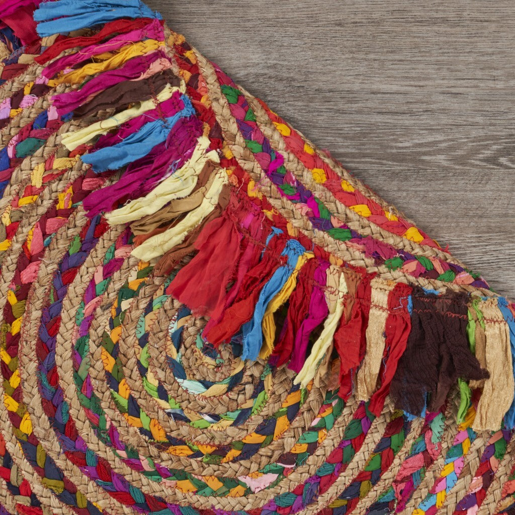 Multicolored Chindi And Natural Jute Fringed Round Rug