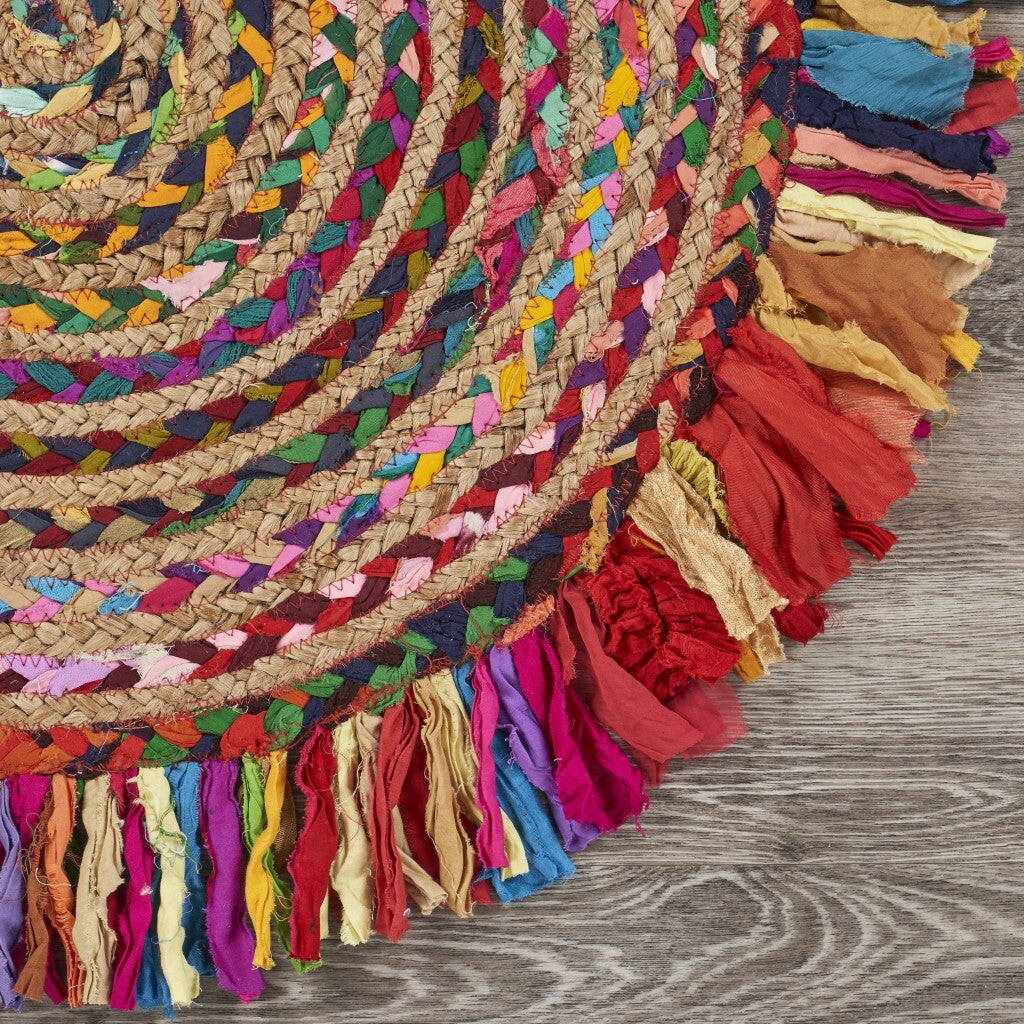 Multicolored Chindi And Natural Jute Fringed Round Rug