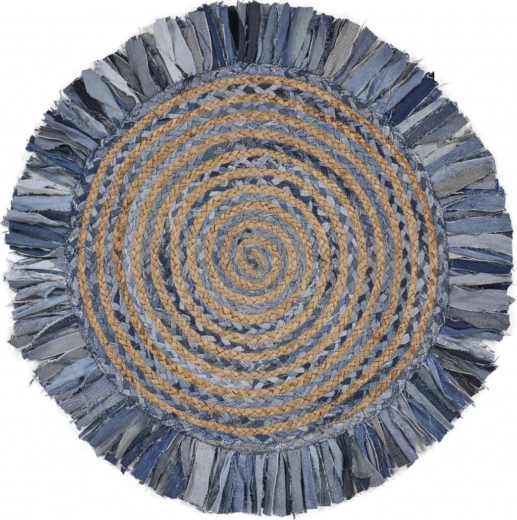 Denim And Natural Jute Round Swirl Fringed Rug - Buy Rugs