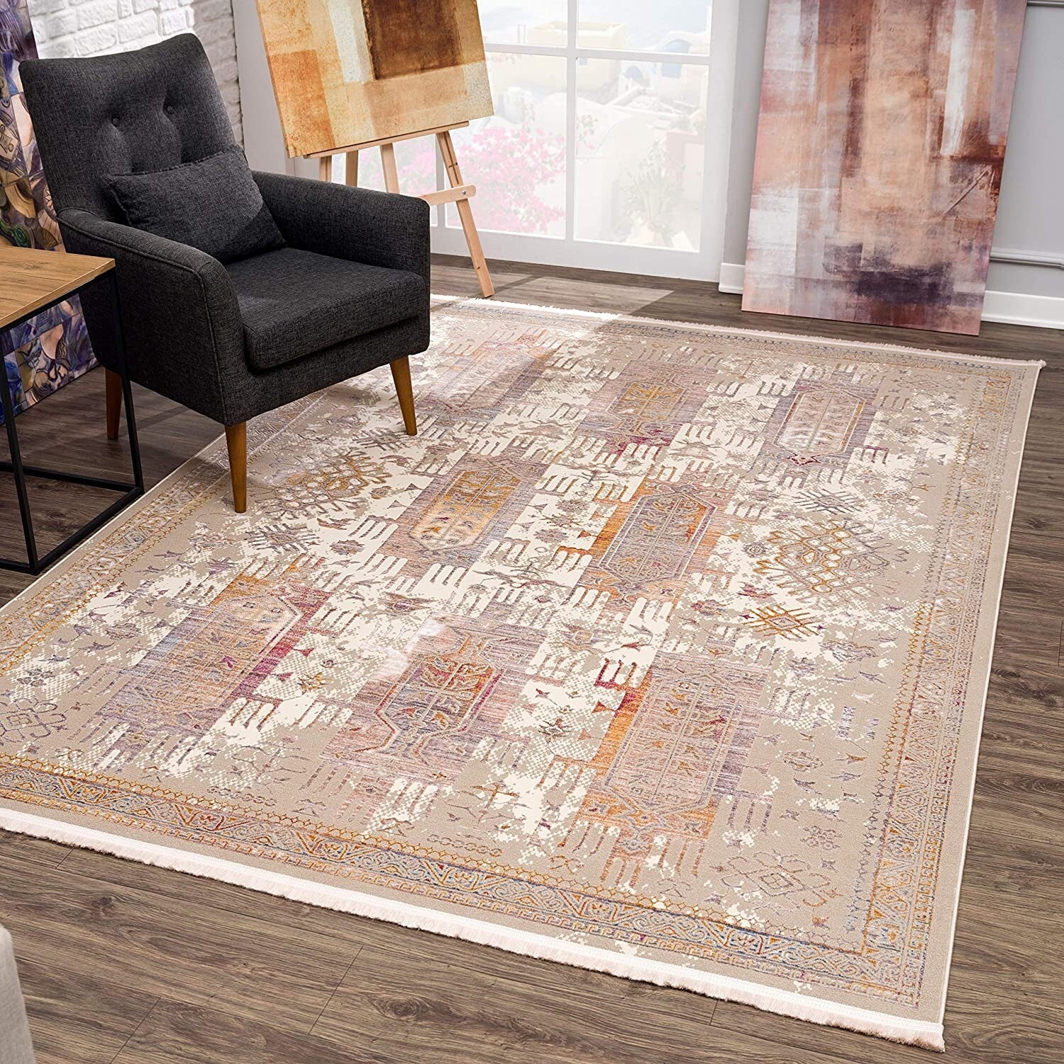 2' x 15' Beige Faded Tribal Motifs Runner Rug