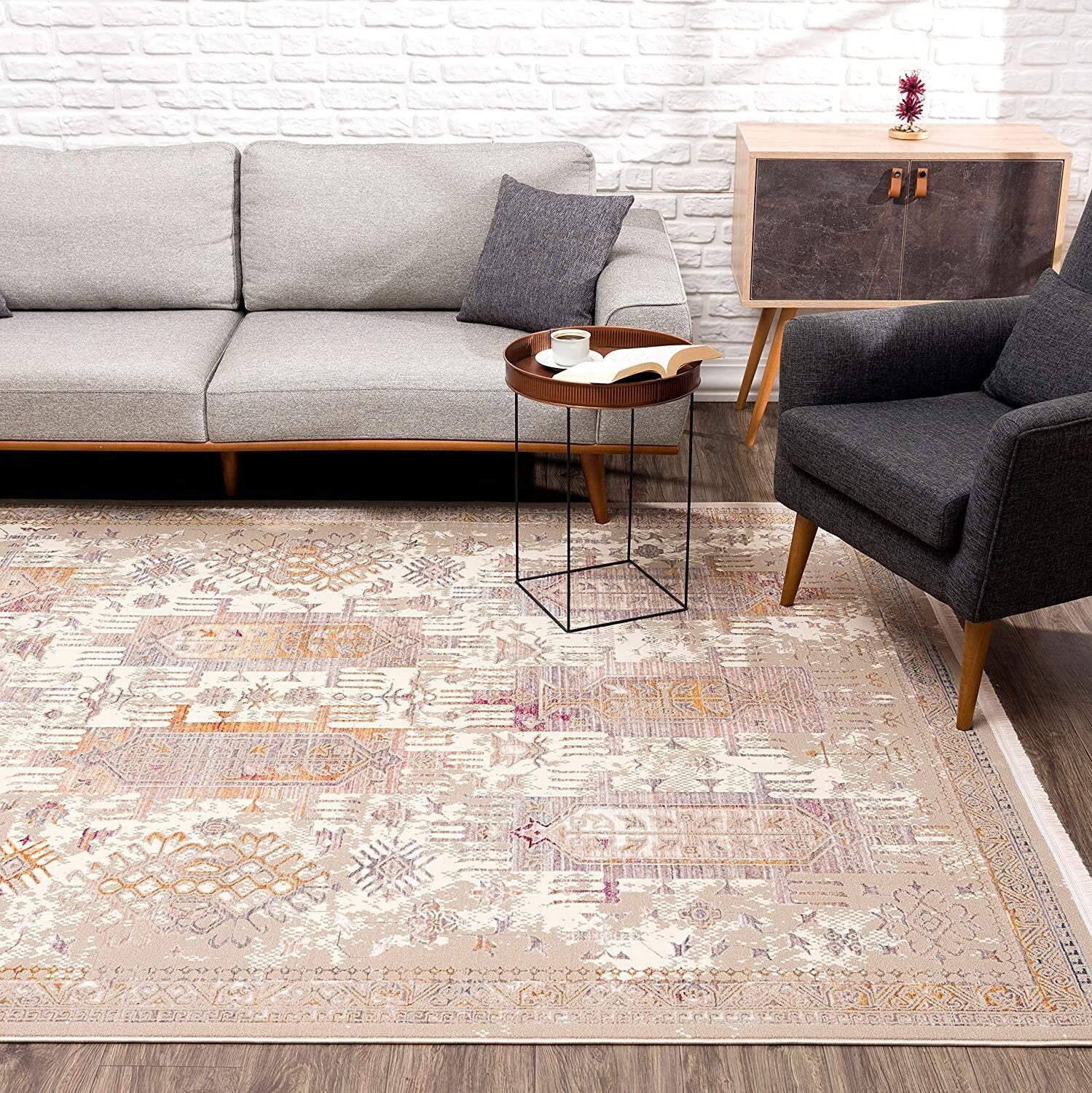 2' x 15' Beige Faded Tribal Motifs Runner Rug