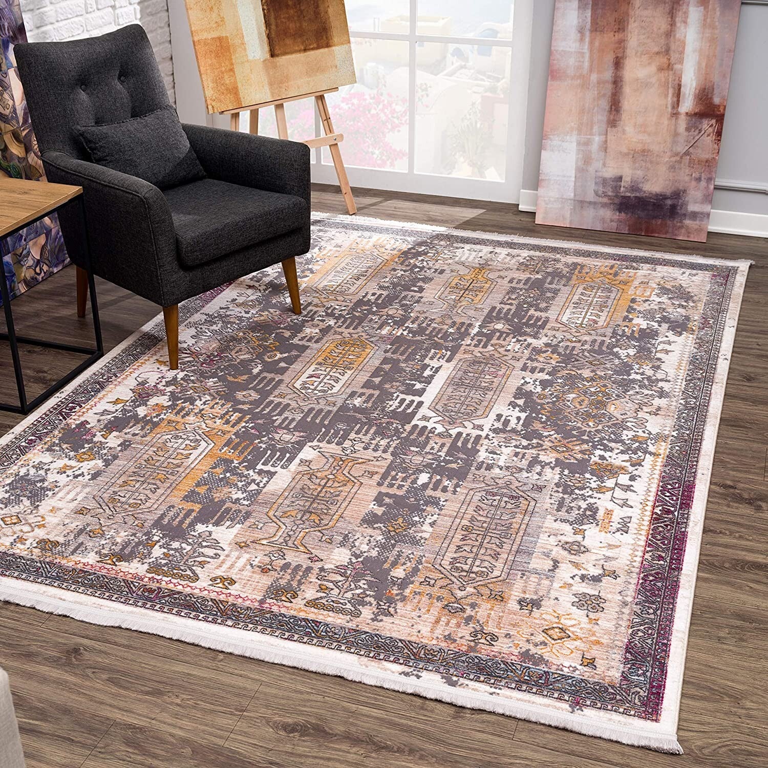 7' x 9' Gray Faded Tribal Motifs Area Rug