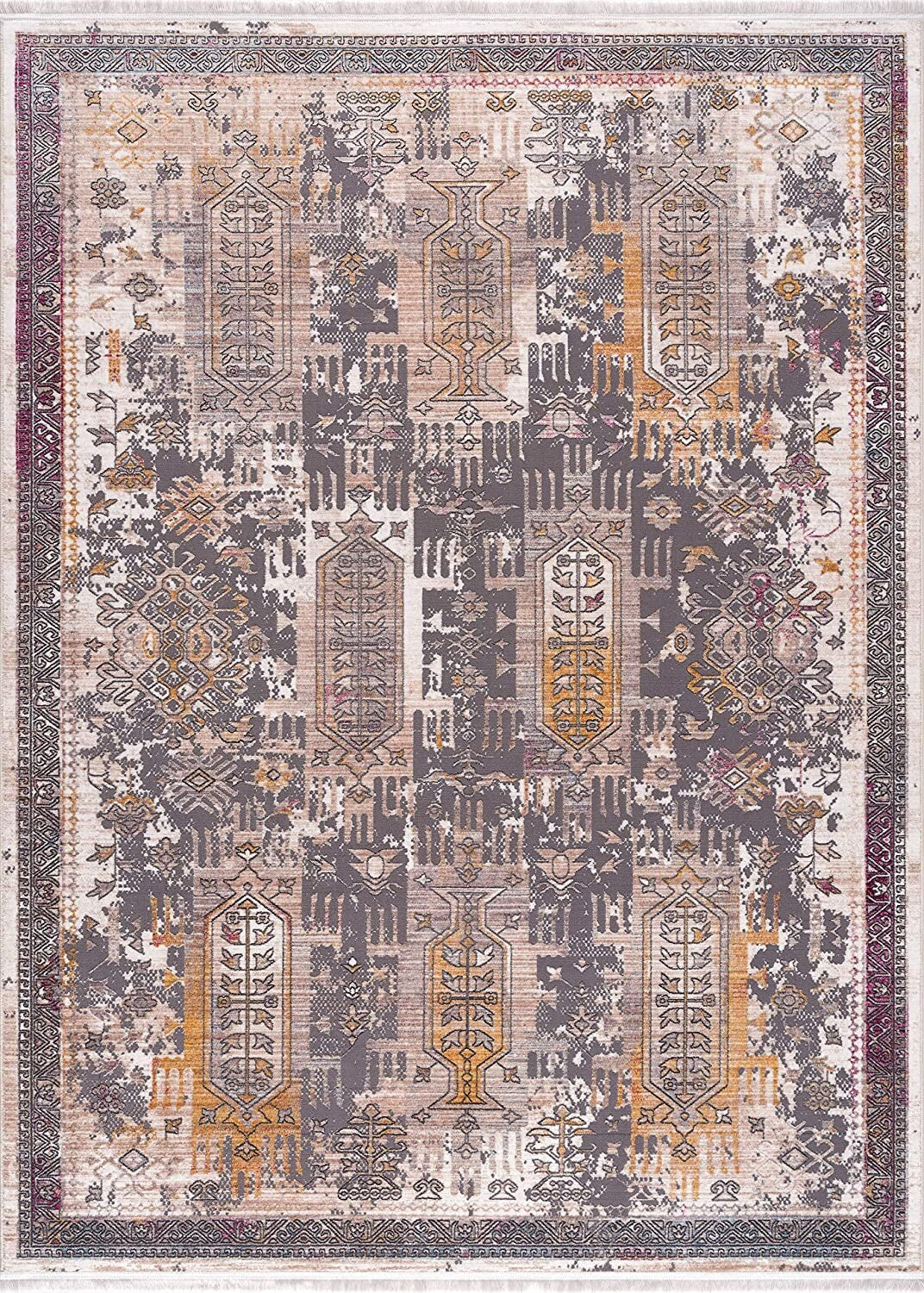 7' x 9' Gray Faded Tribal Motifs Area Rug