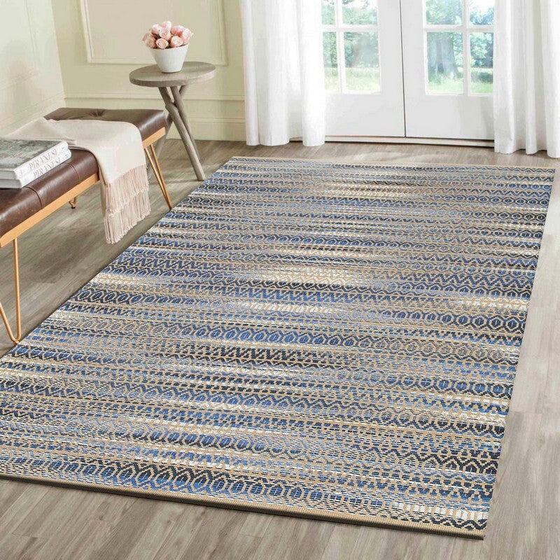 9' x 12' Round Navy and Tan Striated Area Rug
