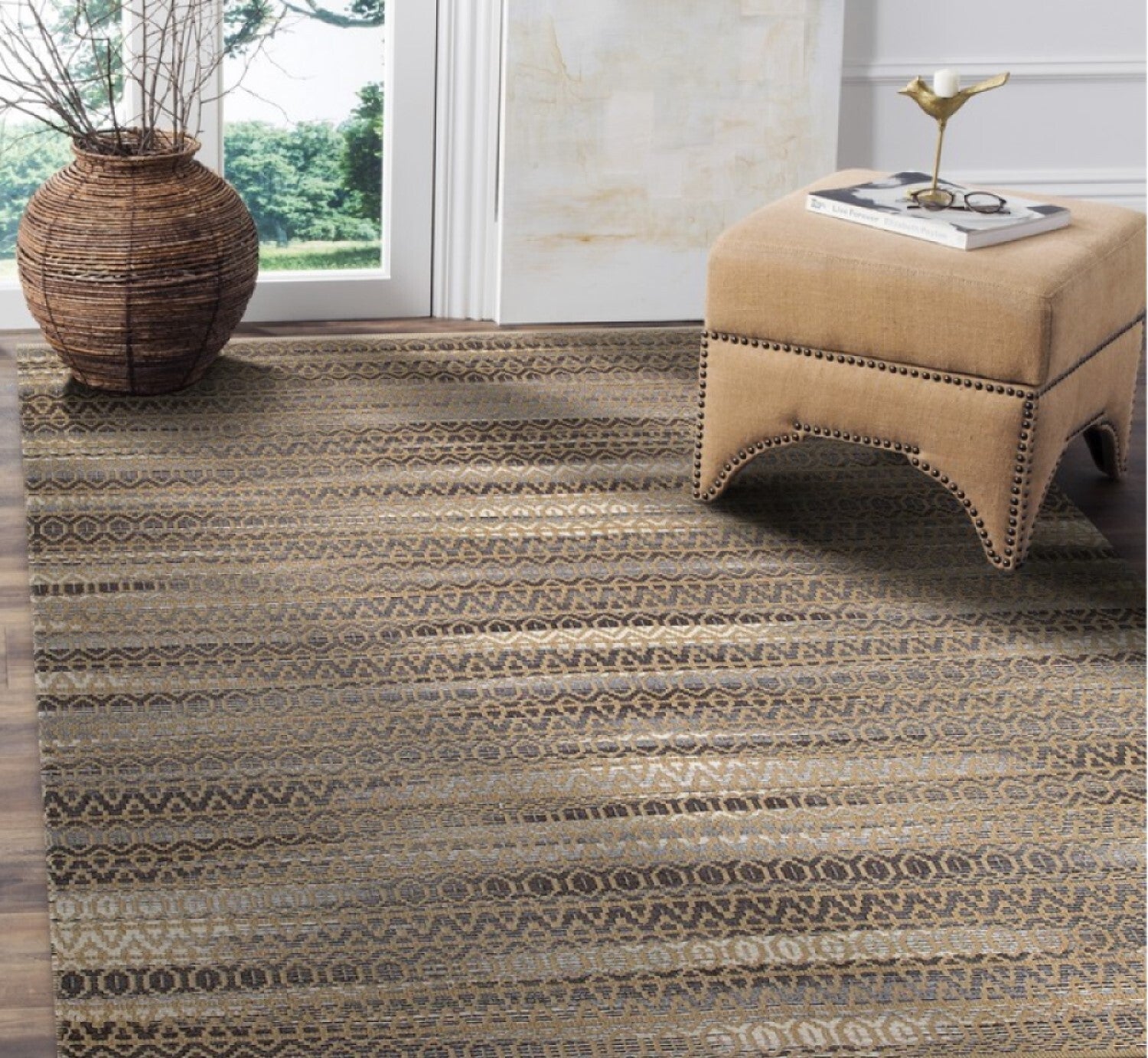 9' x 12' Gray and Tan Striated Runner Rug