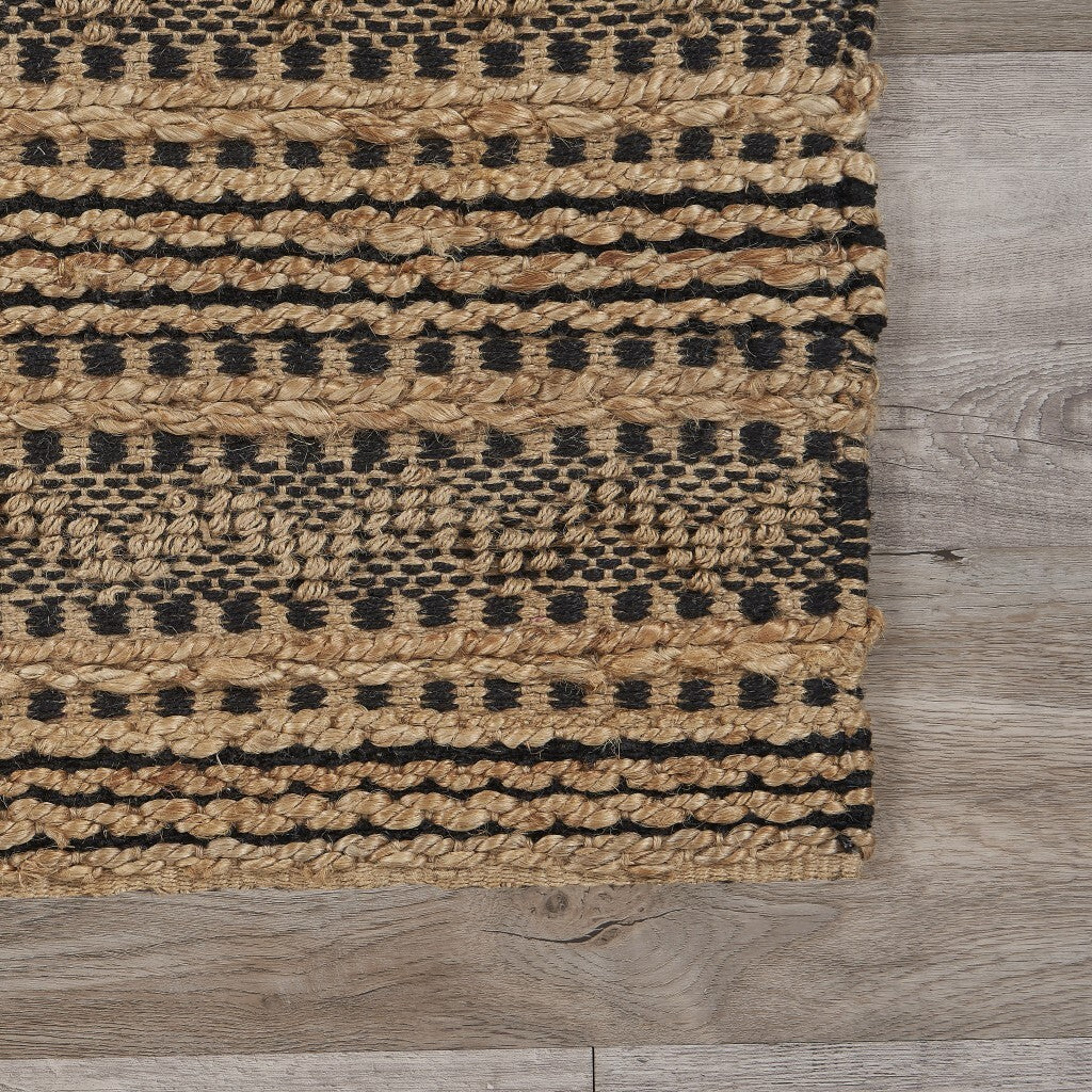 9' x 13' Tan and Black Intricate Striped Area Rug