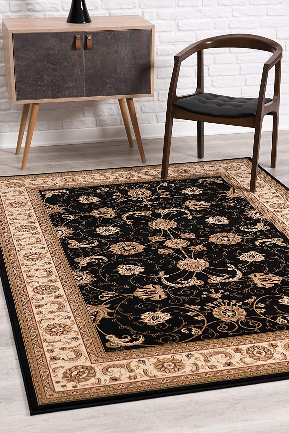 7' x 9' Black and Tan Floral Vines Area Rug