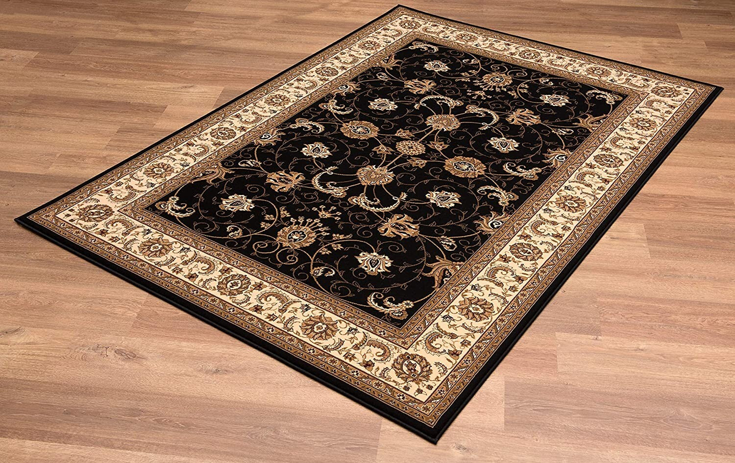 7' x 9' Black and Tan Floral Vines Area Rug