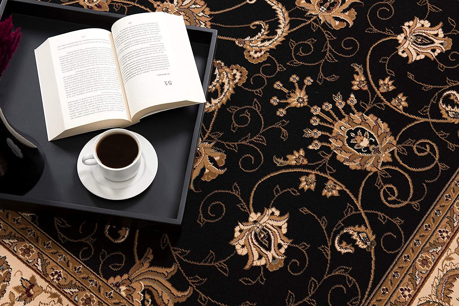 7' x 9' Black and Tan Floral Vines Area Rug