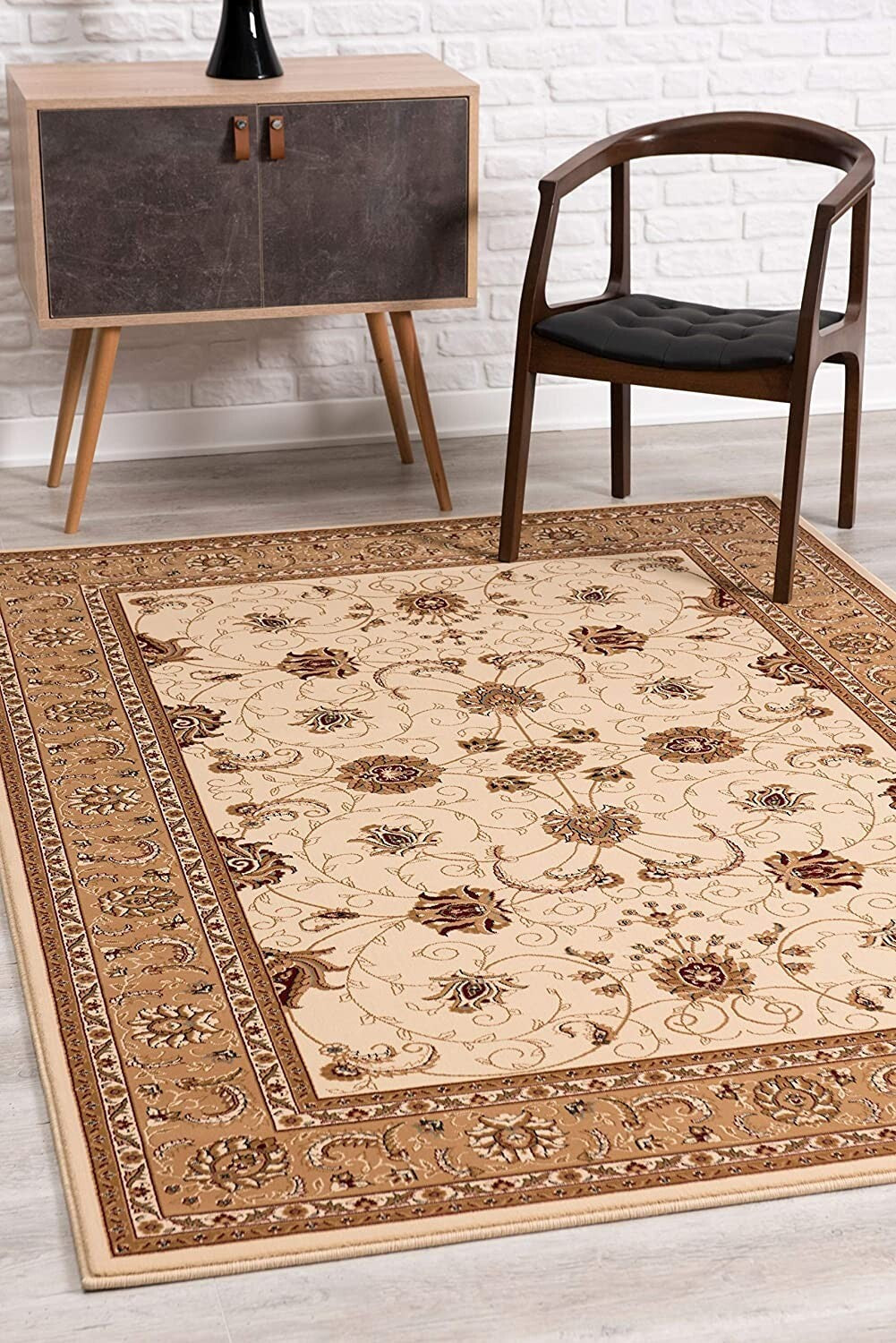 2' x 20' Cream and Tan Ornate Border Runner Rug