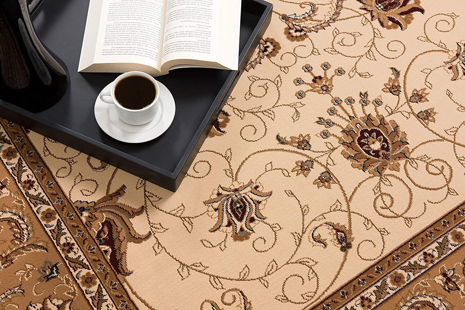 2' x 20' Cream and Tan Ornate Border Runner Rug