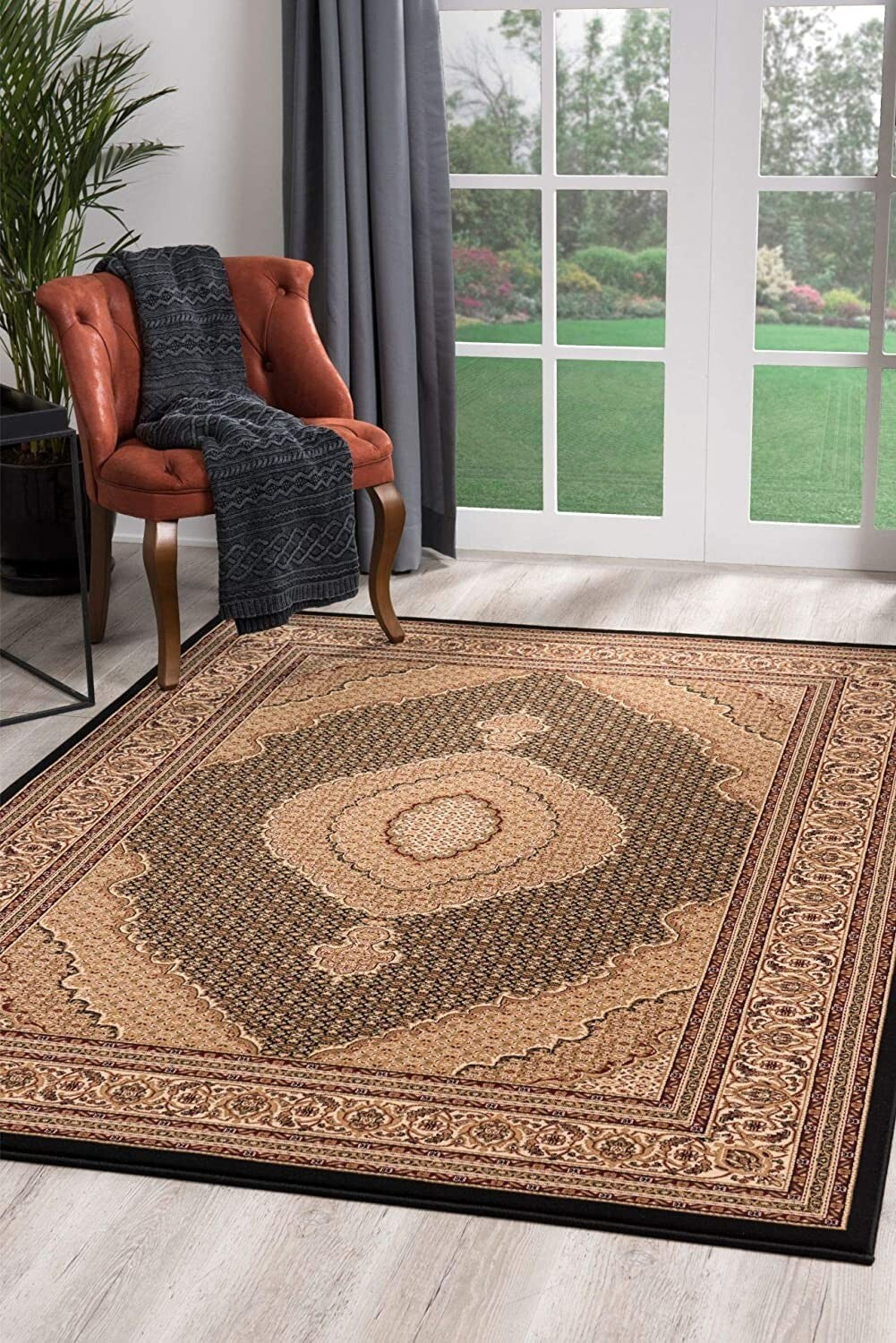 2' x 20' Black and Beige Medallion Runner Rug