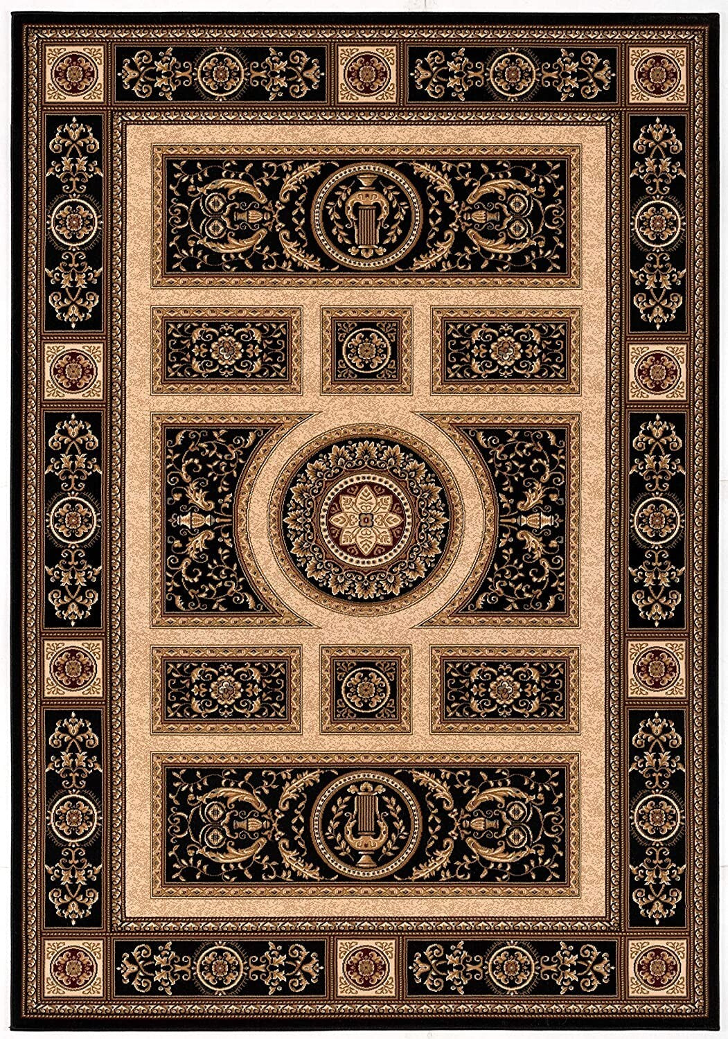 7' x 9' Black and Beige Traditional Geometric Area Rug