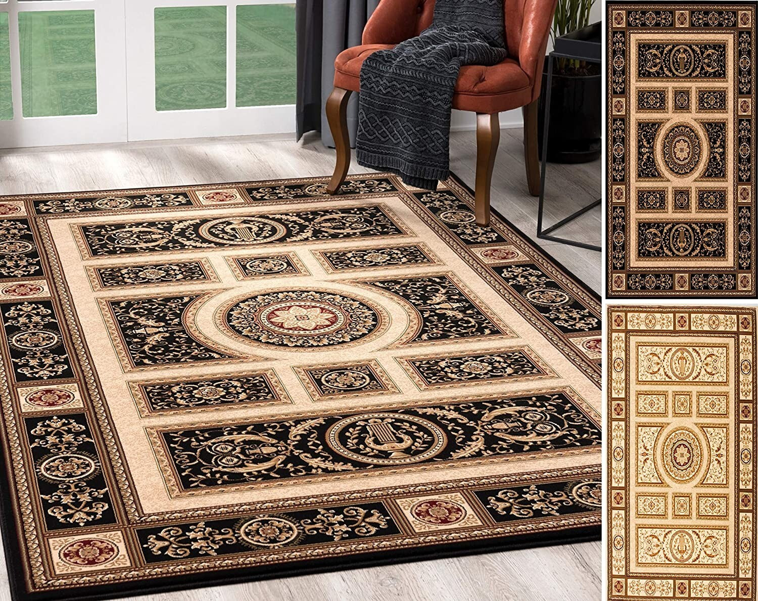 7' x 9' Black and Beige Traditional Geometric Area Rug