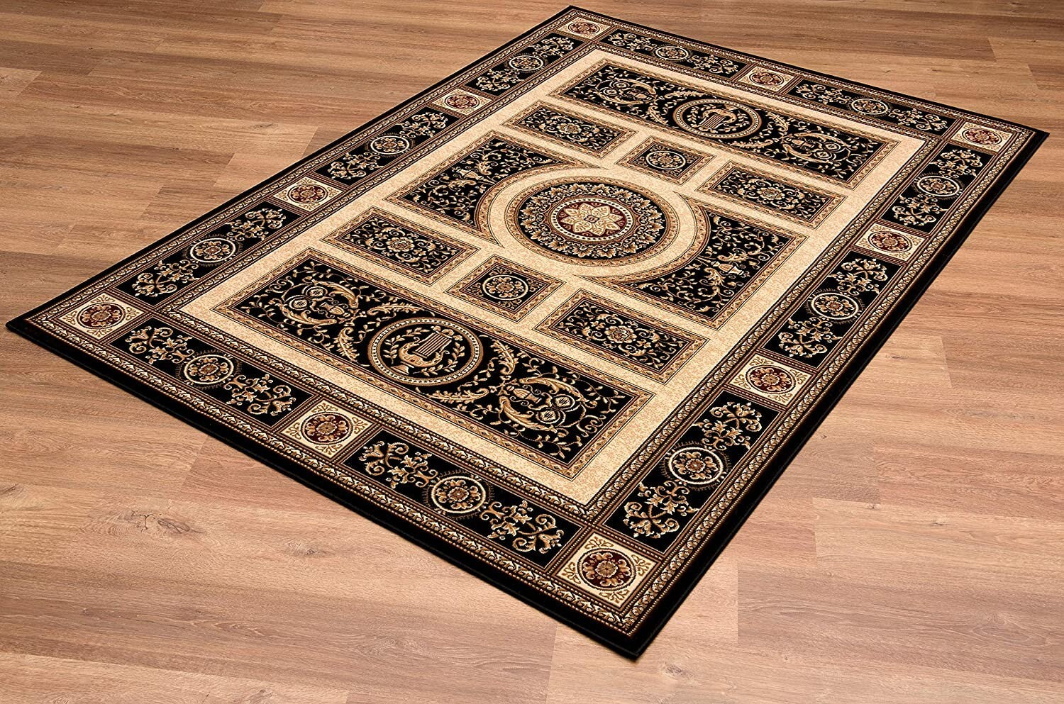 7' x 9' Black and Beige Traditional Geometric Area Rug
