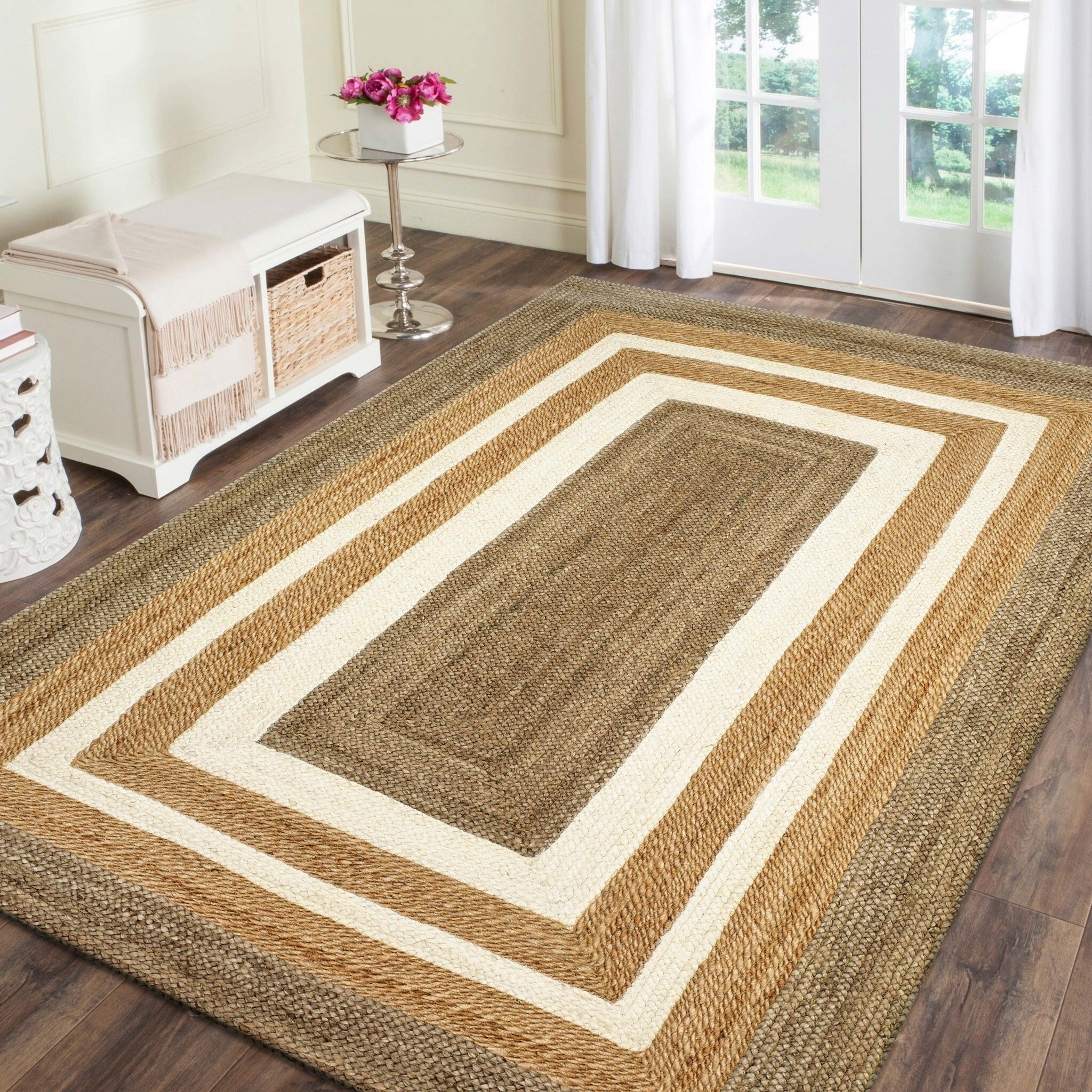 5' x 8' Tan and White Multiple Bordered Area Rug