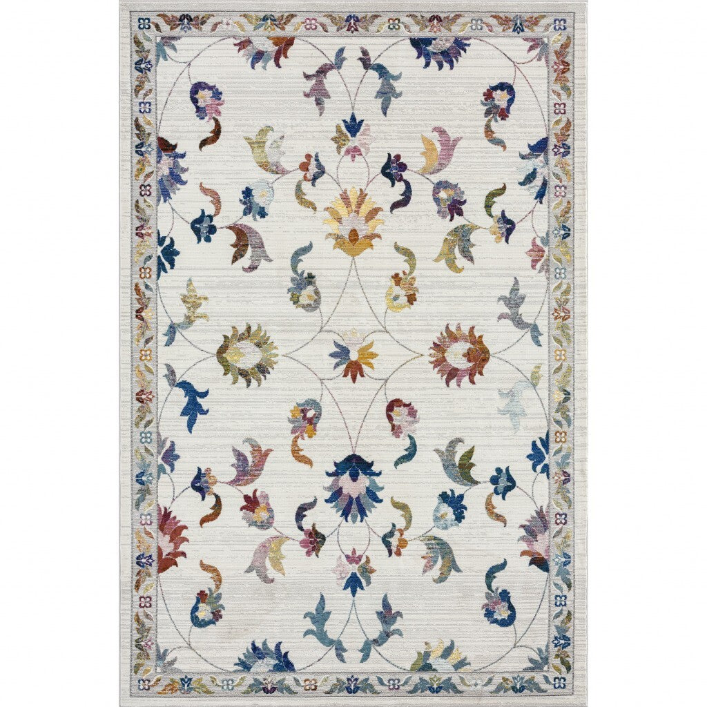 5' x 8' Ivory Jacobean Pattern Area Rug