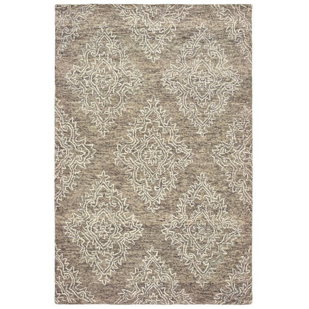 9' x 12' Khaki and White Damask Area Rug