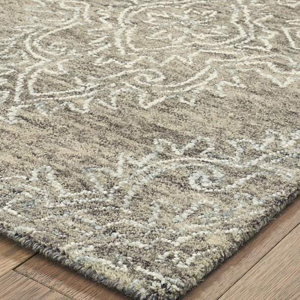 9' x 12' Khaki and White Damask Area Rug