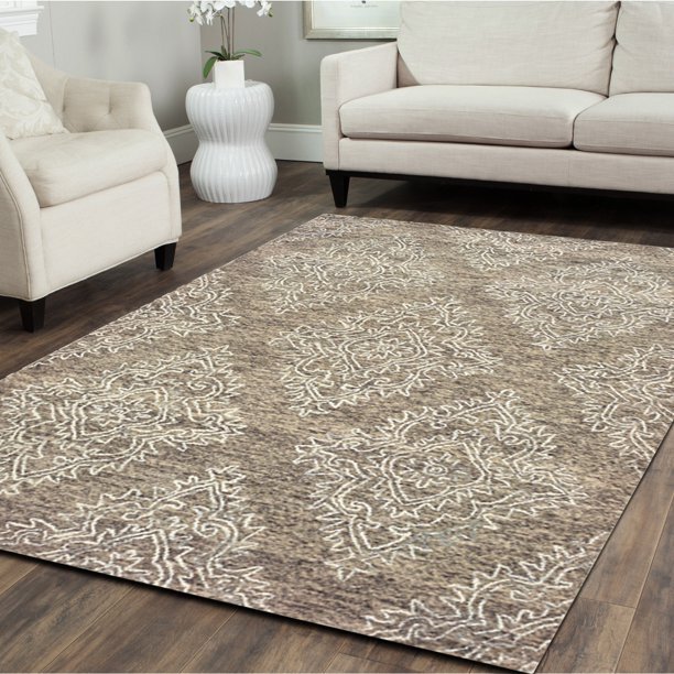 9' x 12' Khaki and White Damask Area Rug