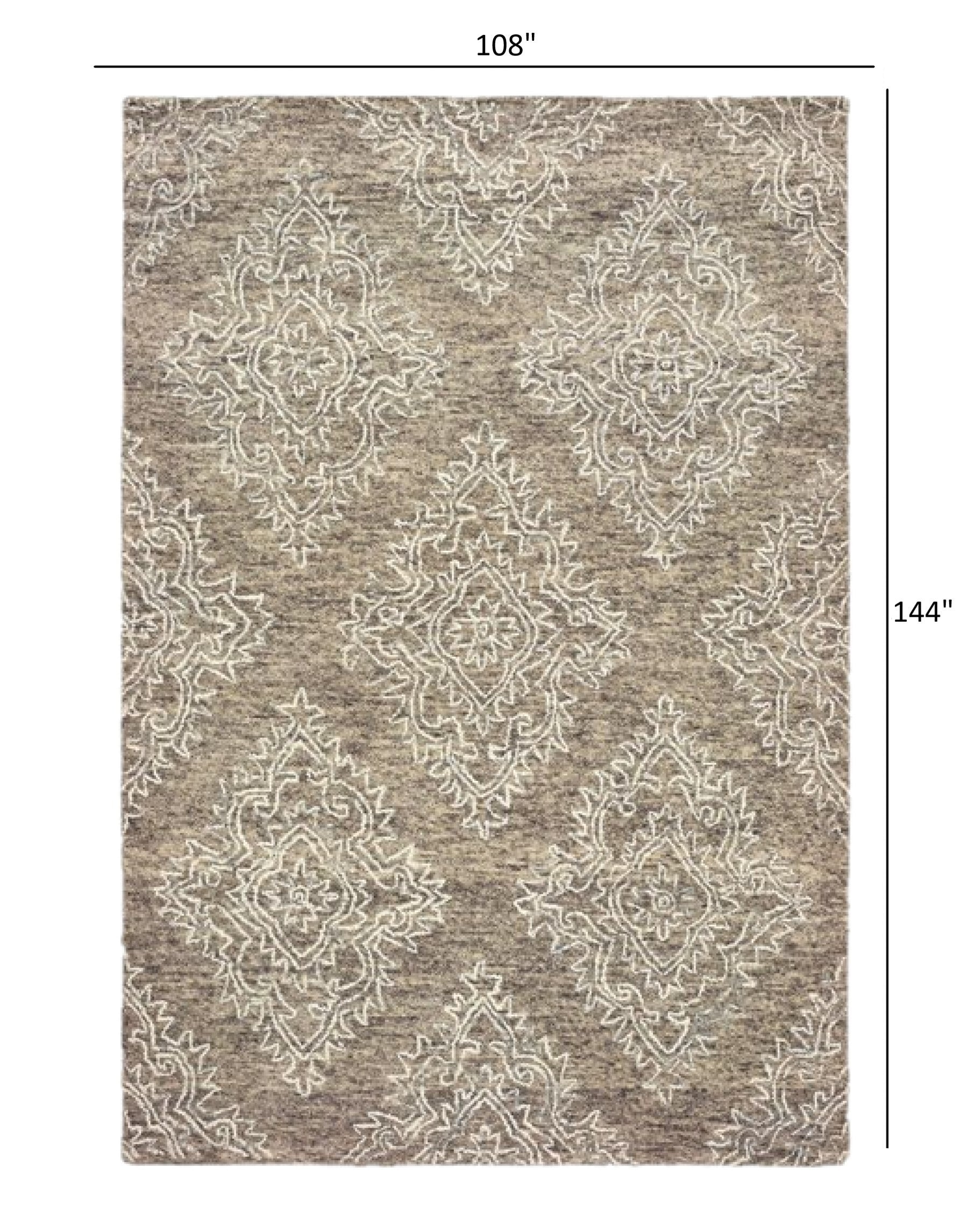 9' x 12' Khaki and White Damask Area Rug