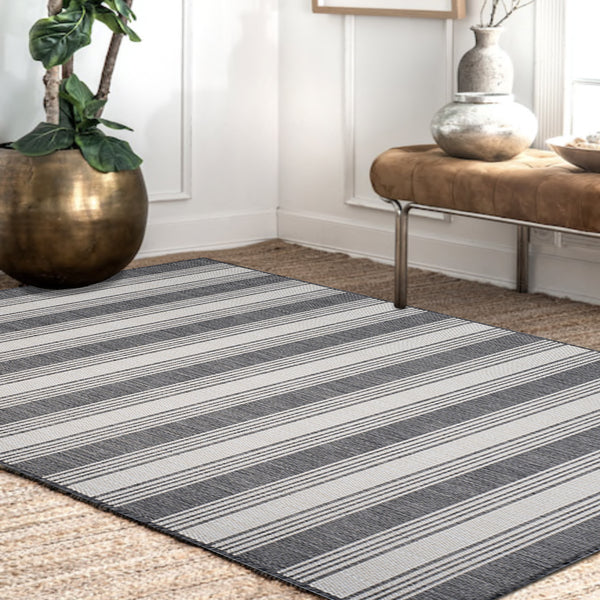 5' x 7' Gray Striped Indoor Outdoor Area Rug