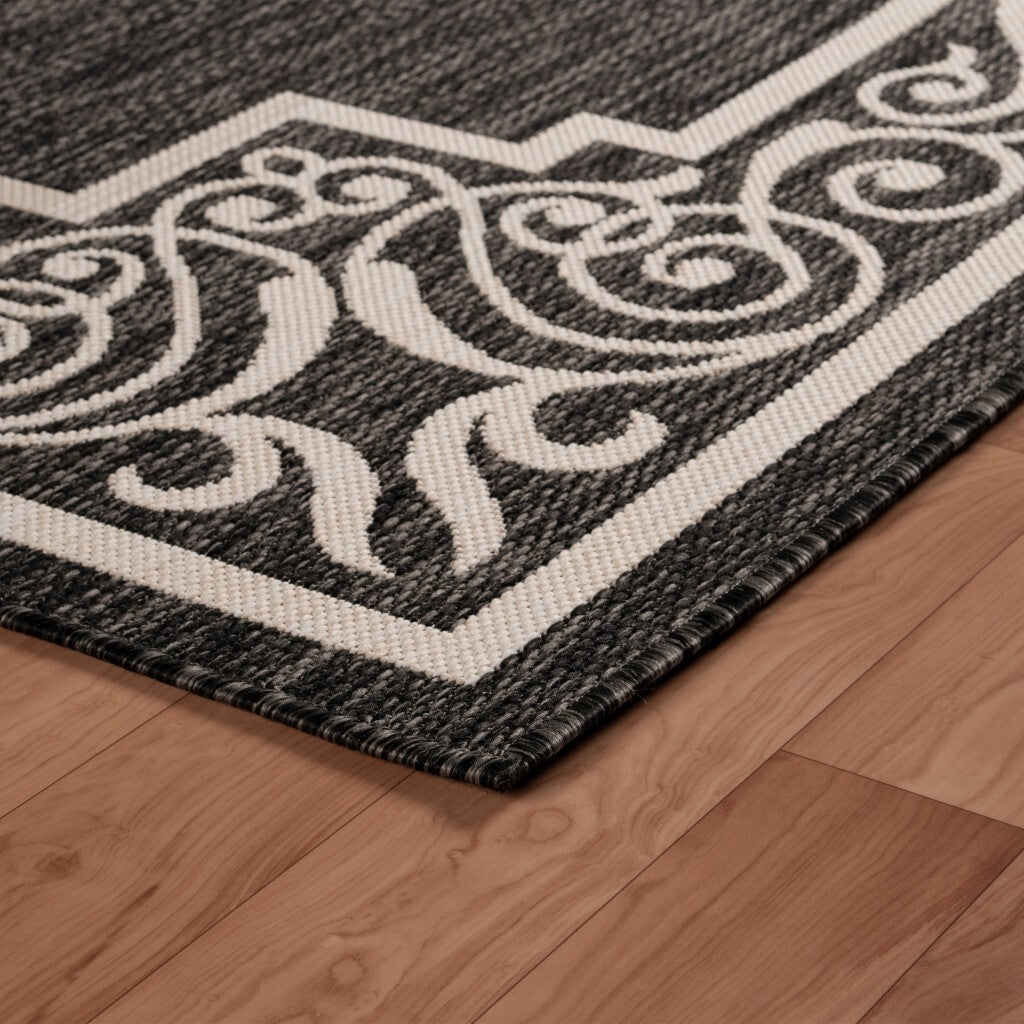 5' x 7' Gray Ornate Border Indoor Outdoor Area Rug