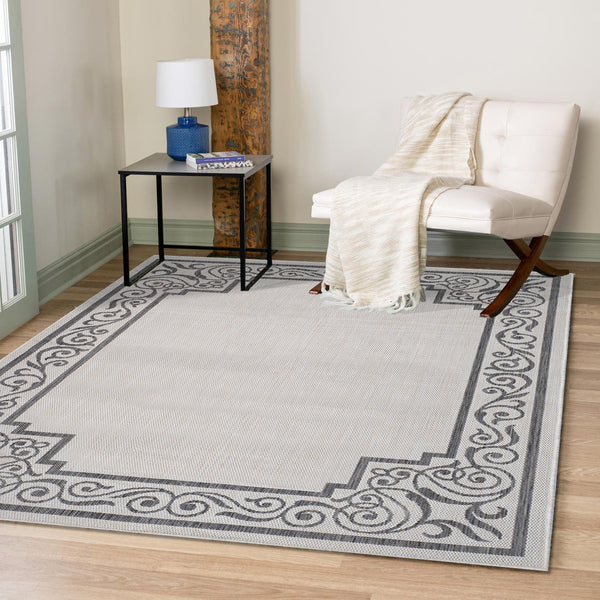5' x 7' Gray Ornate Border Indoor Outdoor Area Rug